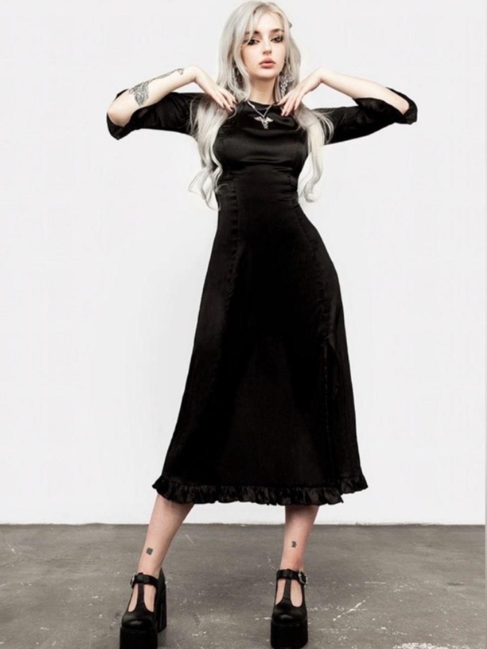 Disturbia Black Long Sleeve Midi Dress with Ruffle Hem